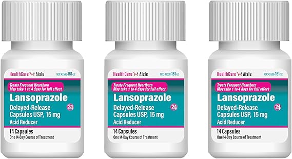 HealthCareAisle Lansoprazole 15mg – 42 Delayed-Release Capsules – Acid Reducer for Frequent Heartburn – 14-Day Treatment