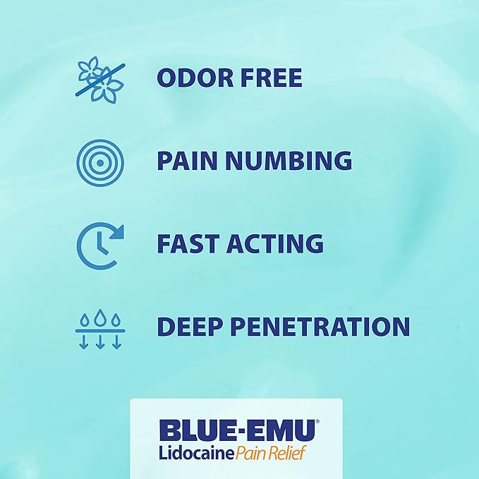 BLUE-EMU Lidocaine Pain Relief Cream 4% Topical Numbing Relief – 2.7 oz Tube, 2 Pack – Fast-Acting and Odor-Free Formula