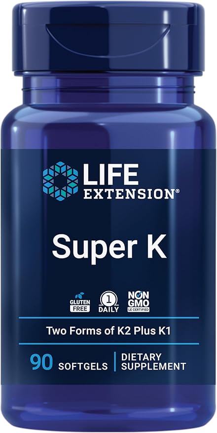 Life Extension Super K – K1, K2 MK-7, MK-4 + Vitamin C – Bone, Heart & Arterial Support – 90 Softgels – Non-GMO, Gluten-Free