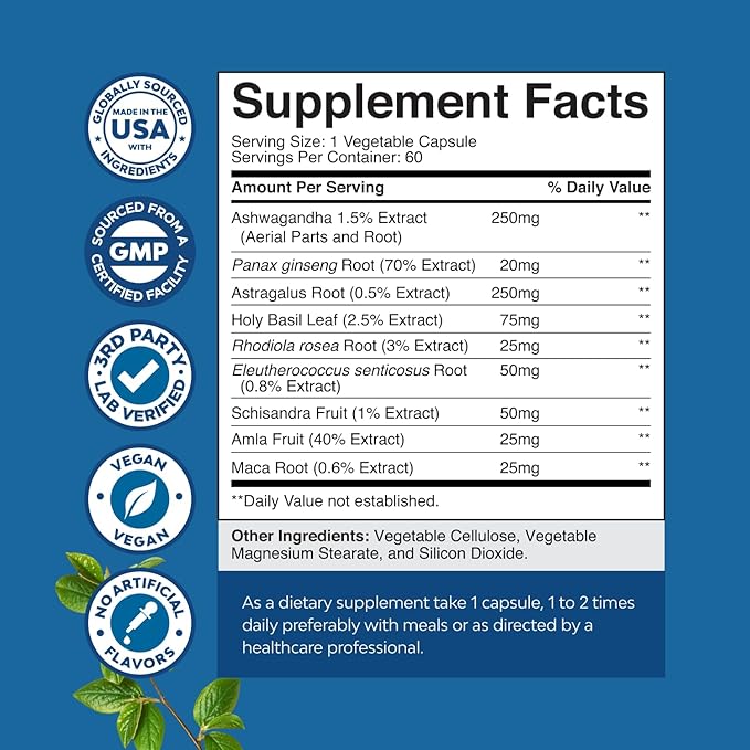 Herbal Adaptogen Mood Support – Stress & Cortisol Balance with Ashwagandha, Rhodiola & Maca – Vegan, Non-GMO – 60 Capsules