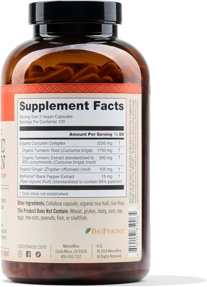 NatureWise Curcumin Turmeric 2250mg with 95% Curcuminoids & BioPerine® – High Absorption Joint & Immune Support – Vegan, Non-GMO, Gluten-Free – 360 Capsules (120-Day Supply)