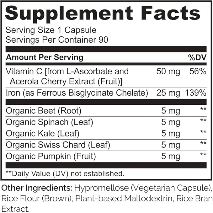 NATURELO Vegan Iron 25mg with Vitamin C & Whole Foods – Gentle, Non-Constipating Iron for Women, Men & Pregnancy – 90 Mini Capsules
