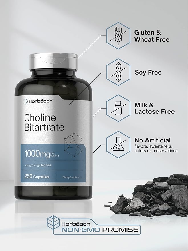 Horbaach Choline Bitartrate 1000mg – High Potency Brain & Liver Support – 250 Capsules