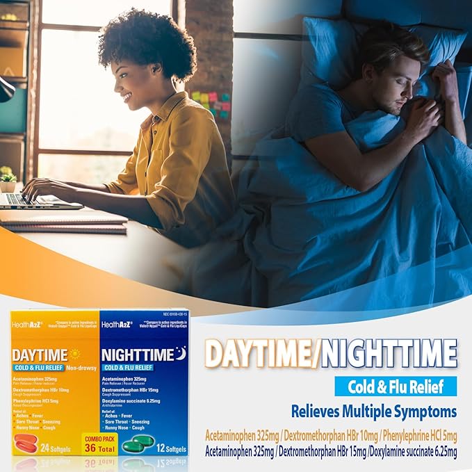 HealthA2Z Daytime and Nighttime Cold & Flu Relief Softgels – 36 Count Combo Pack (24 Daytime + 12 Nighttime) – Multi-Symptom Relief