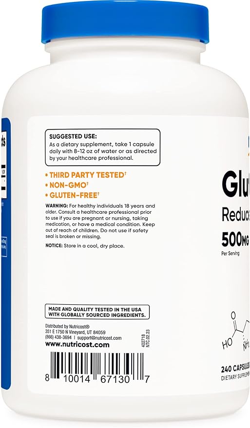 Nutricost Glutathione 500mg – Antioxidant Support for Liver, Immune & Skin Health – Non-GMO, Gluten-Free – 240 Capsules (Value Size)
