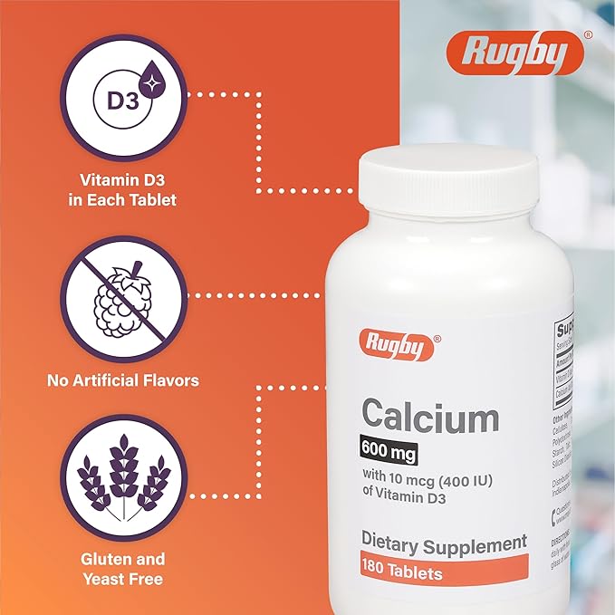 Rugby Calcium 600mg Tablets with 400 IU Vitamin D3 for Bone and Teeth Support Dietary Supplement 180 Count