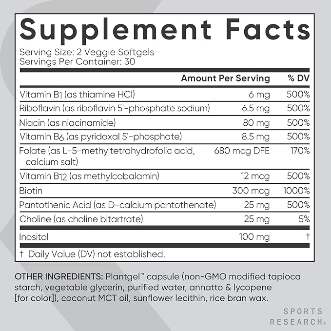 Sports Research Vitamin B-Complex – Plant-Based, Vegan, Full Spectrum Energy & Immune Support – 60 Softgels