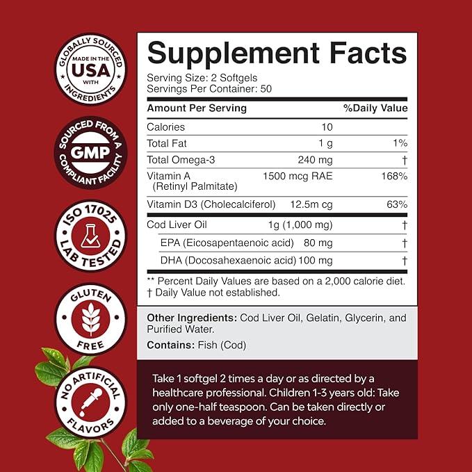 Icelandic Wild-Caught Cod Liver Oil 1000mg with Omega-3 EPA, DHA, Vitamins A & D – Burpless Softgels for Heart, Brain, Joint & Immune Support – Non-GMO, Gluten-Free – 100 Count