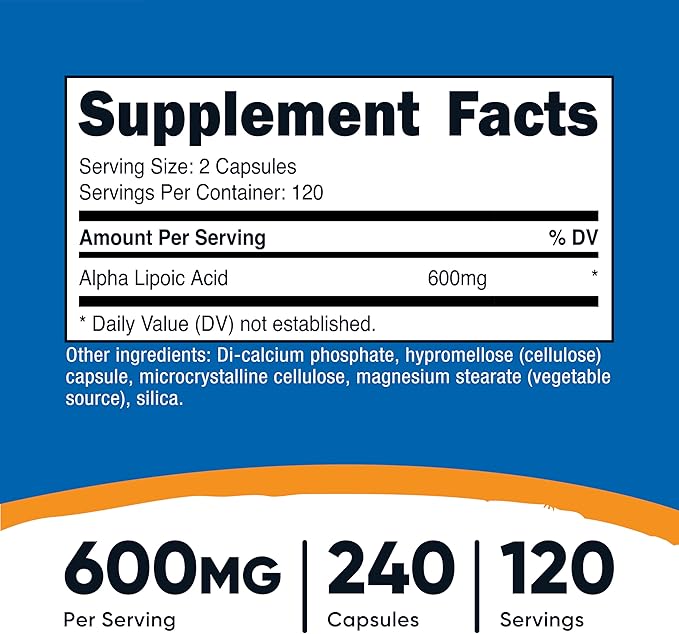 Nutricost Alpha Lipoic Acid 600mg – High Potency Antioxidant for Nerve, Energy & Metabolism – Non-GMO, Gluten-Free, Soy-Free, Vegetarian – 240 Capsules