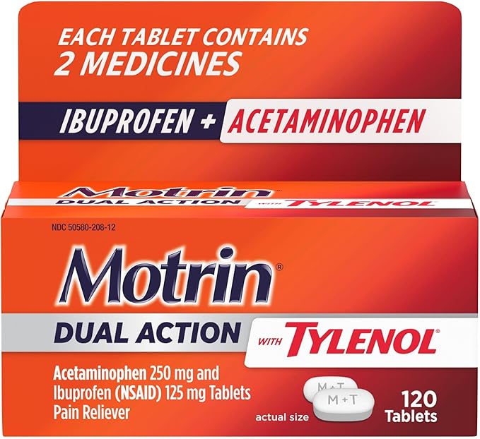 Motrin Dual Action with Tylenol – Pain Reliever for Minor Aches and Pains – 120 Count Combines Ibuprofen (125 mg) and Acetaminophen (250 mg) for Fast, Powerful Relief