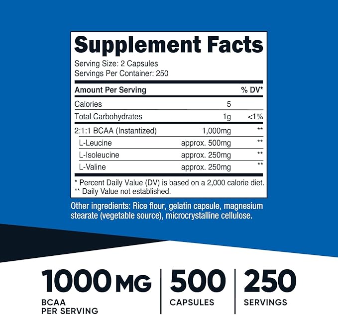 Nutricost BCAA 1000mg Capsules – 2:1:1 Ratio, 500 Capsules (250 Servings), Branched-Chain Amino Acids
