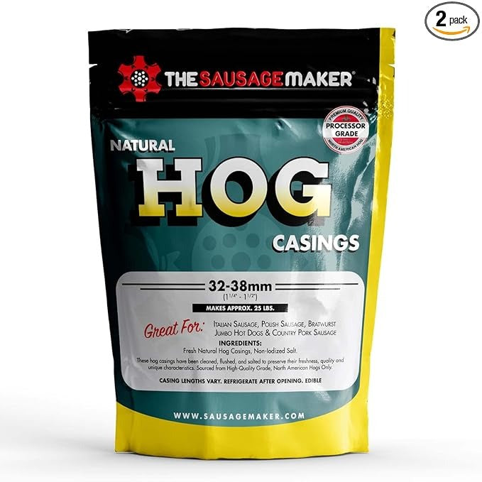 The Sausage Maker® Natural Hog Sausage Casings 32-38mm, Edible Casing For Sausage Making, Stuff Over 25 Lbs Meat, Breakfast, Italian, Polish, Bratwurst, Hot Dog, Pork Links, 1.2-1.5