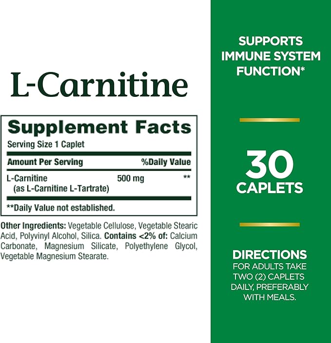 Nature's Bounty L-Carnitine 500mg – Heart Health & Fat Metabolism – Vegetarian, Non-GMO, Gluten-Free – 30 Tablets