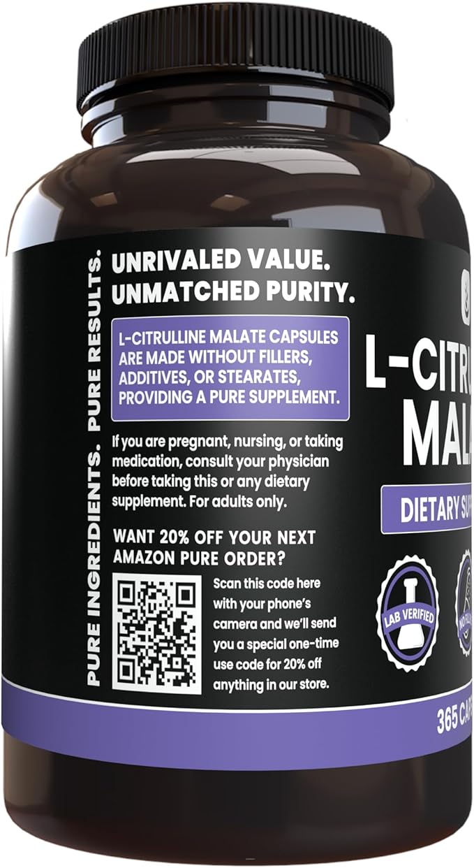 PURE ORIGINAL INGREDIENTS L-Citrulline DL-Malate 2:1 – 365 Capsules, No Magnesium or Rice Fillers, Lab Verified