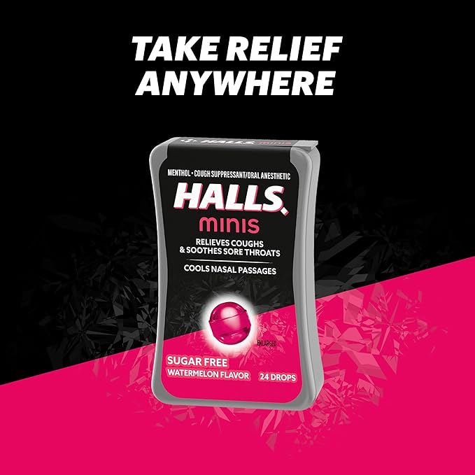 HALLS Minis Sugar Free Cough Drops – Watermelon Flavor – 24 Count – Menthol Lozenges to Soothe Sore Throat, Relieve Cough & Cool Nasal Passages – Pocket-Size Flip-Top Pack