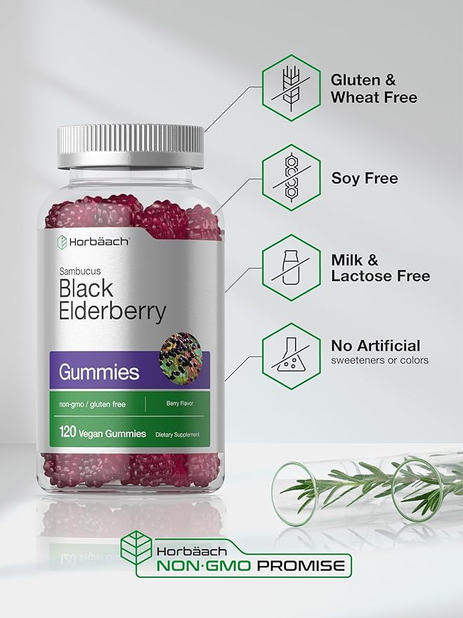 Horbaach Black Elderberry Gummies – Sambucus Extract with Zinc & Vitamin C – Immune Support – Berry Flavor – Vegan, Non-GMO, Gluten-Free – 120 Gummies