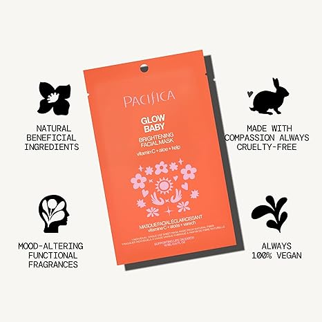Pacifica Glow Baby Brightening Sheet Face Mask – Vitamin C, Aloe & Kelp – Vegan, Clean Beauty, Cooling Mask for Dark Spots & Fine Lines
