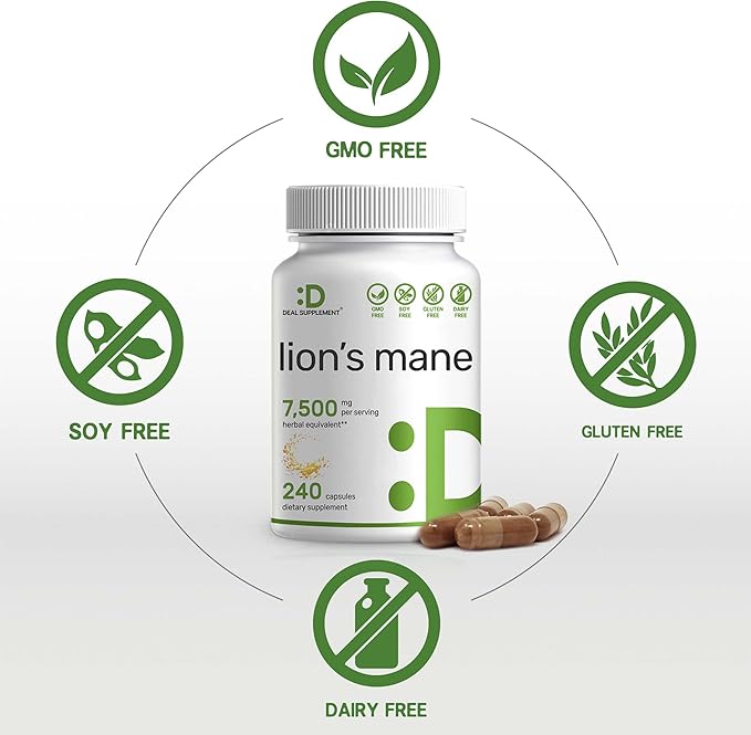 Lion’s Mane Mushroom 7,500mg – 10:1 Fruiting Body & Mycelium Brain & Immune Support – 240 Capsules – Non-GMO