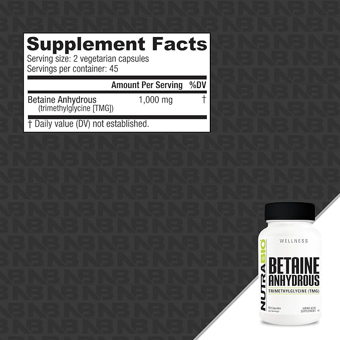 NutraBio TMG Supplements – Betaine Anhydrous (Trimethylglycine), 500mg, Pure TMG Capsules