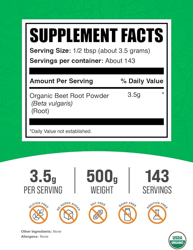 BulkSupplements.com Organic Beet Root Powder – Vegan & Gluten-Free, 3.5g Per Serving, 500g