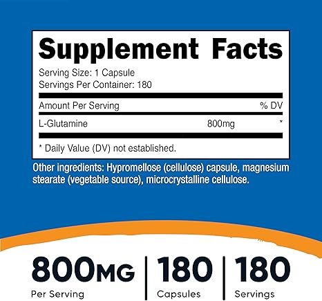 Nutricost L-Glutamine – 800mg, 180 Capsules, Gluten-Free, Non-GMO