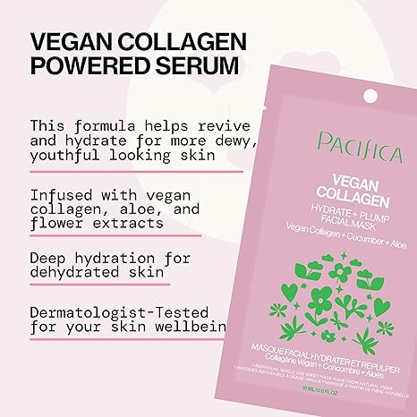 Pacifica Vegan Collagen Sheet Face Mask – Hydrating & Plumping Moisturizing Mask with Cucumber & Aloe for Dry, Aging, Sensitive Skin – Clean Beauty, Cruelty-Free