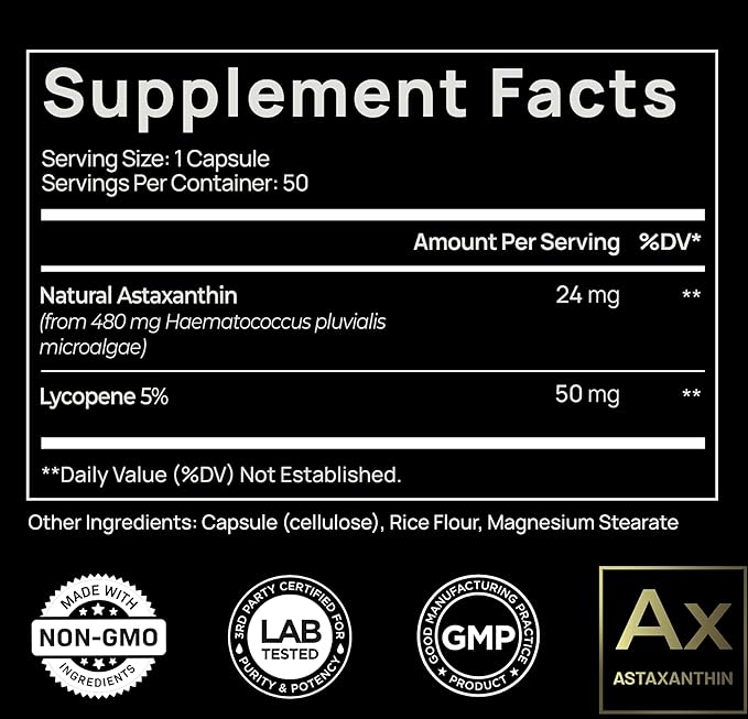 Astaxanthin 24mg + Lycopene 50mg – Natural Carotenoids for Skin Pigmentation, Antioxidant, Eye & Immune Support – Non-GMO, Gluten-Free – 100% Natural