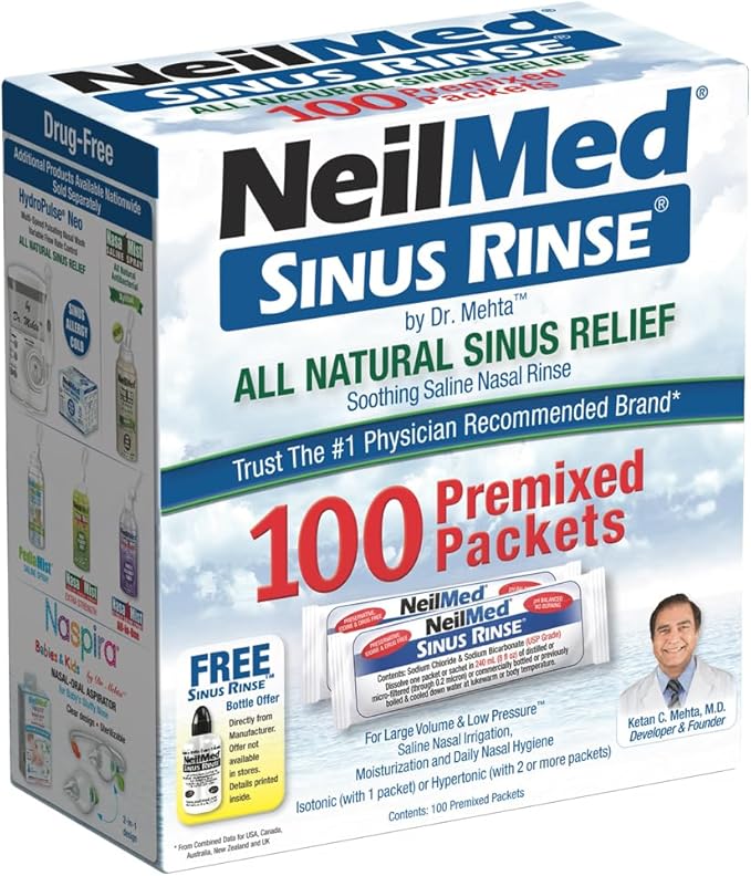 NeilMed Sinus Rinse Refill Packets – 100 Count Premixed Saline Packets for Nasal Allergy, Sinus Pressure, Congestion & Post Nasal Drip Relief