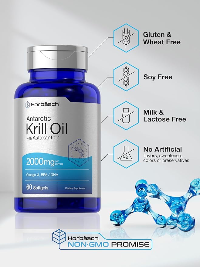 Horbäach Antarctic Krill Oil 2000mg – Omega-3 with EPA, DHA & Astaxanthin – 60 Softgels