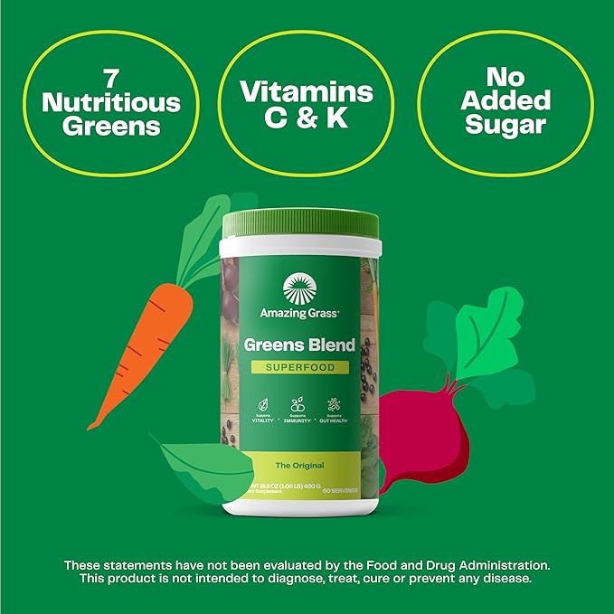 Amazing Grass Greens Blend Superfood – Original Green Powder with Spirulina, Chlorella, Beet Root, Probiotics & Digestive Enzymes – 60 Servings
