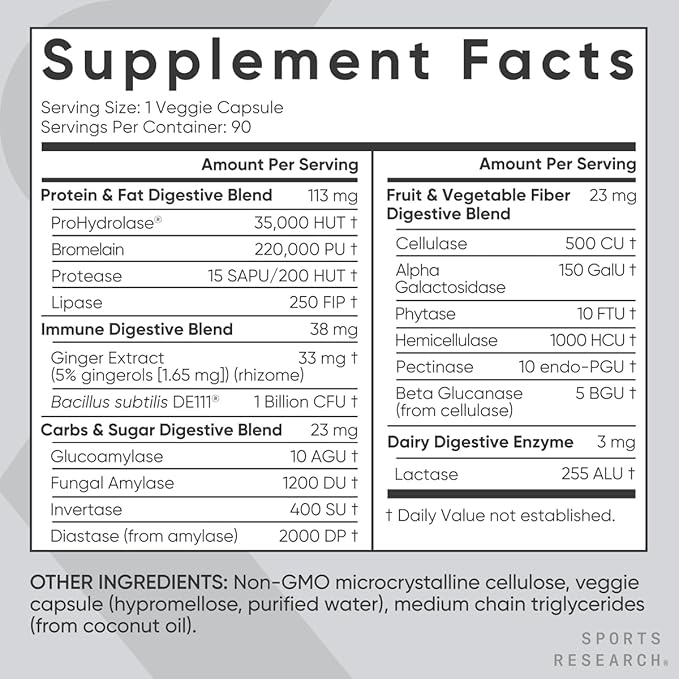 Sports Research Digestive Enzymes with Probiotics & Ginger – Plant-Based Digestion, Bloating Relief & Nutrient Absorption – Vegan, Non-GMO, Gluten-Free – 90 Capsules