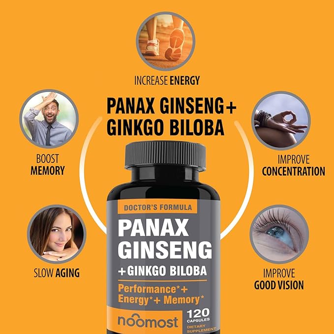 Authentic Korean Red Panax Ginseng with Ginkgo Biloba – Energy & Focus Supplement – Non-GMO, Gluten-Free, Vegan – 120 Capsules – For Men & Women