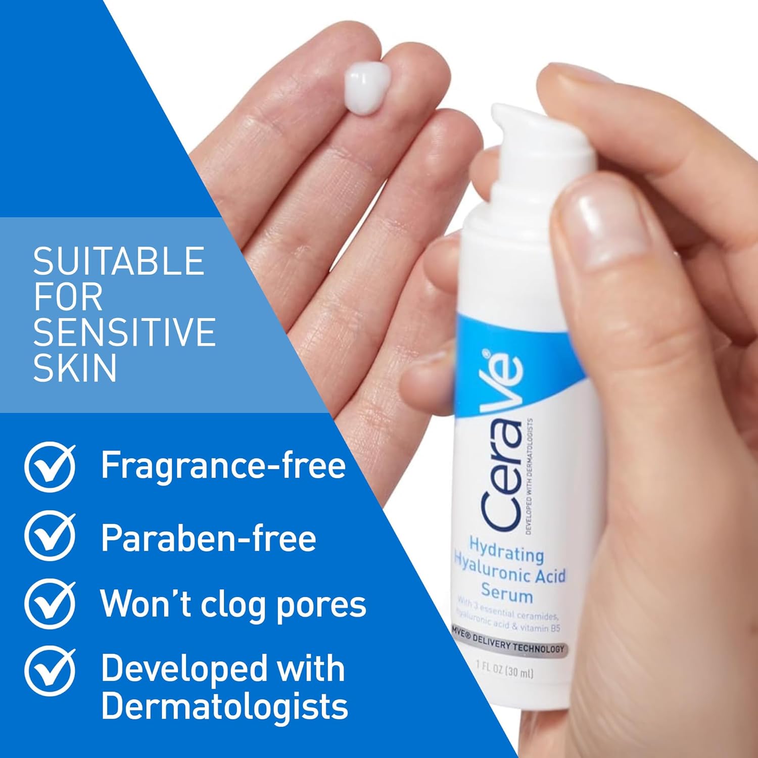 CeraVe Hyaluronic Acid Serum for Face with Vitamin B5 & Ceramides – Hydrating, Fragrance Free, Non-Comedogenic – 1 oz