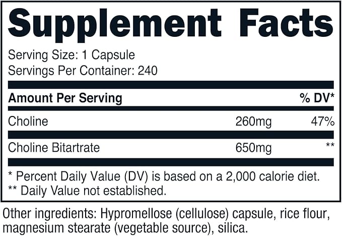 Nutricost Choline Bitartrate 650mg – High Potency Vegetarian Brain & Liver Support – 240 Capsules