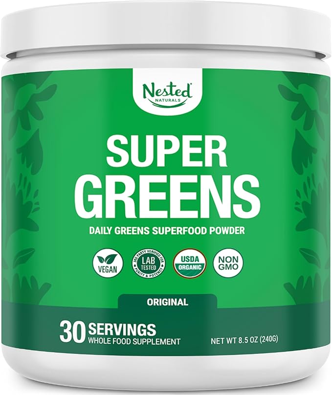 Nested Naturals Super Greens Powder – USDA Organic Superfood Blend with Spirulina, Wheatgrass, Barley Grass, Probiotics & Fiber – Detox & Energy – 30 Servings