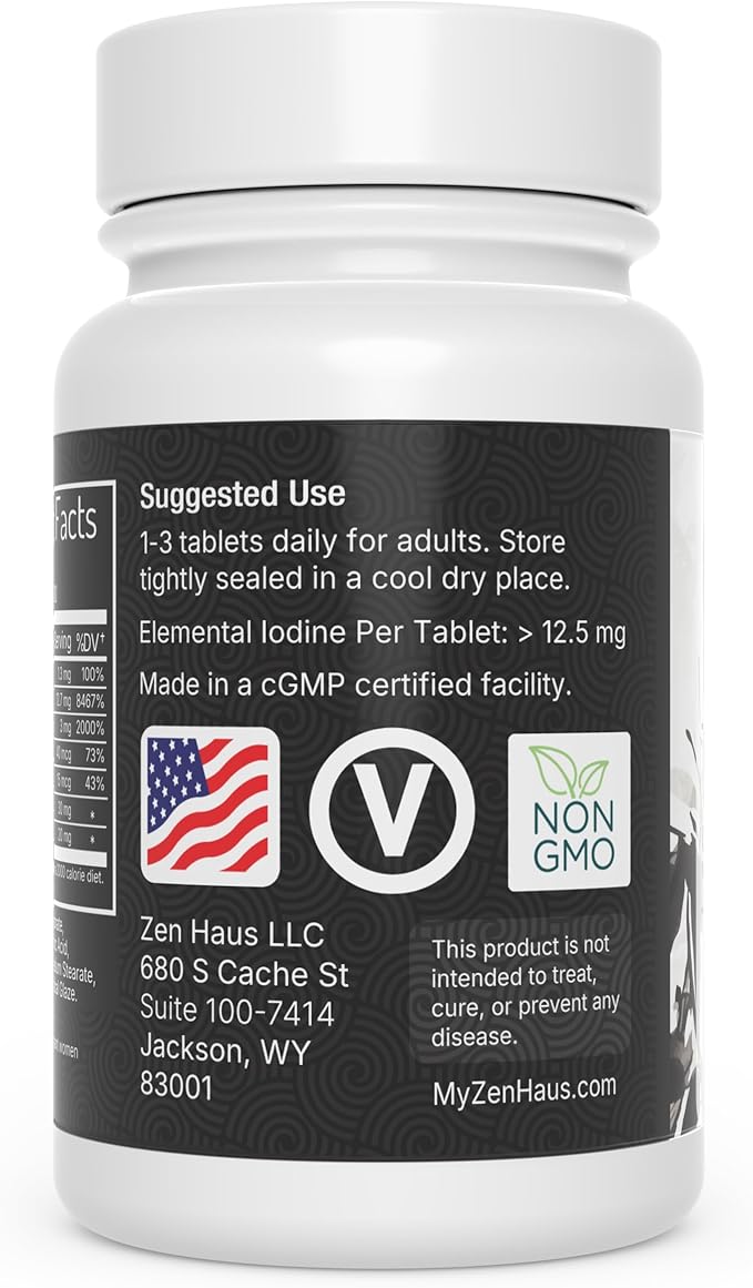 Zen Haus Iodine 12.5mg with Selenium – High Potency Thyroid & Immune Support – 200 Tablets – Compare to Lugol’s