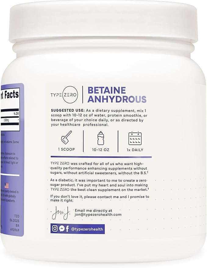 Type Zero Betaine Anhydrous Powder – Unflavored, 1 lb, 1500mg Per Serving, Keto & GMO-Free