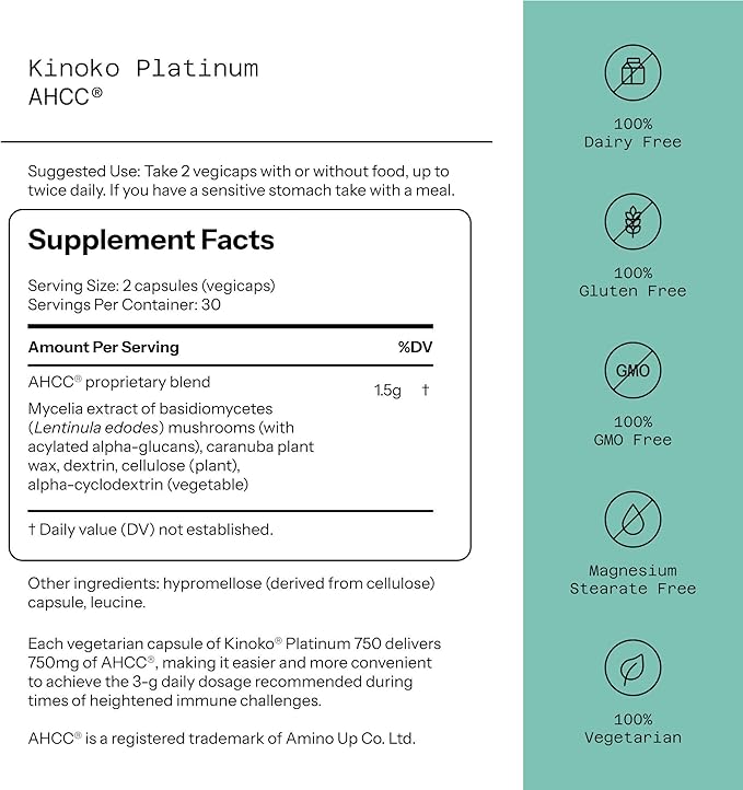 Quality of Life Kinoko Platinum AHCC 750mg – Immune, NK Cell & Liver Support – 60 Vegan Capsules