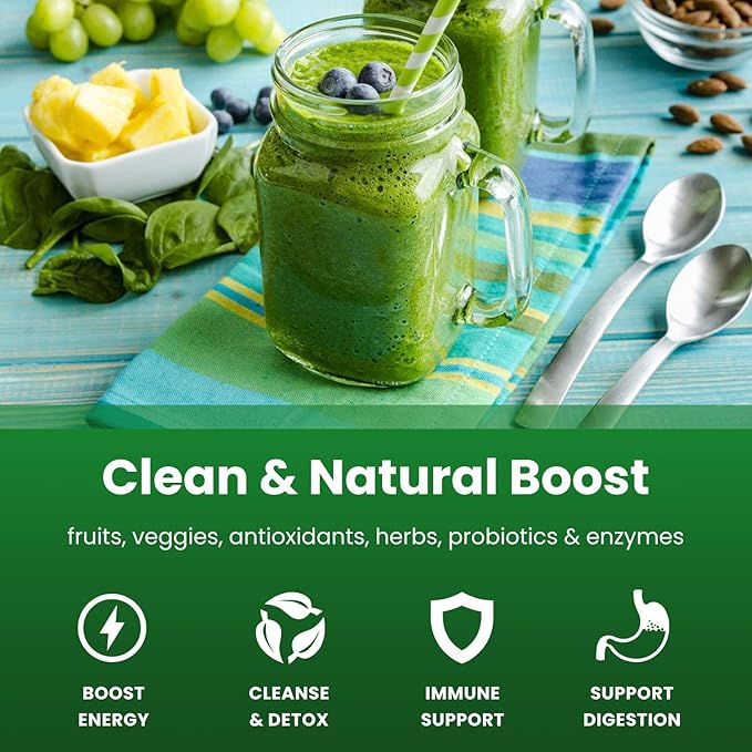 NutraChamps Super Greens Powder – Organic Superfood Blend with Spirulina, Chlorella, Wheatgrass, Probiotics & Digestive Enzymes – Berry Flavor – 9 oz
