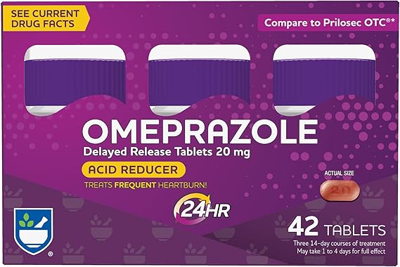Rite Aid Omeprazole 20mg, 42 Tablets – Acid Reducer for Frequent Heartburn – Compare to Prilosec OTC
