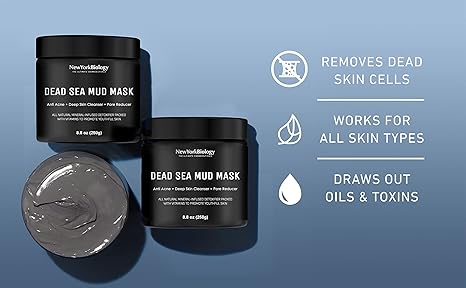 New York Biology Dead Sea Mud Mask – Spa Quality Pore Reducer for Acne, Blackheads & Oily Skin – Natural Face & Body Detox Mask, Tightens Skin, 8.8 oz