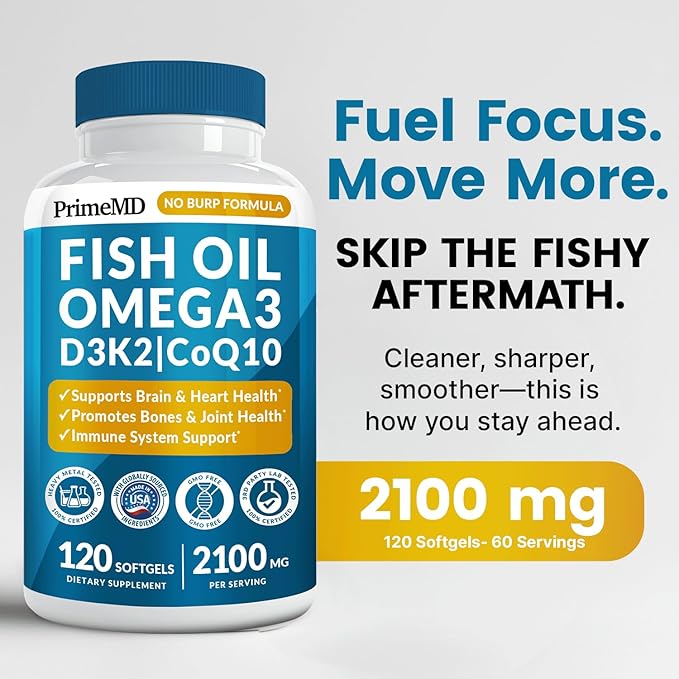5-in-1 Omega-3 Fish Oil 2100mg – with Vitamin D3, K2 & CoQ10 – Heart, Brain & Immune Support – Lemon Flavored, Non-GMO, Gluten-Free – 120 Softgels