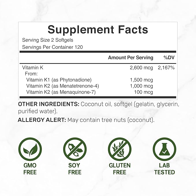 DEAL SUPPLEMENT Vitamin K Complete – K1, K2 MK-7 & MK-4 – Bone, Joint & Heart Support – 240 Coconut Oil Softgels – Non-GMO