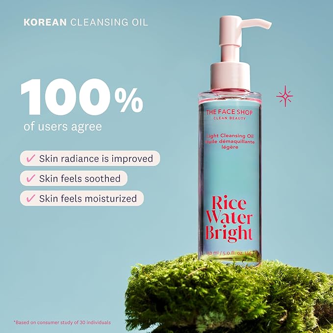 The Face Shop Rice Water Bright Light Facial Cleansing Oil – Vegan Korean Makeup Remover with Jojoba Oil – Brightening, Hydrating, Non-Greasy – 150ml