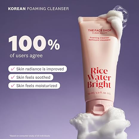 The Face Shop Rice Water Bright Foaming Facial Cleanser – Hydrating, Vegan, Ceramide Face Wash & Makeup Remover, Korean Skincare, 150ml