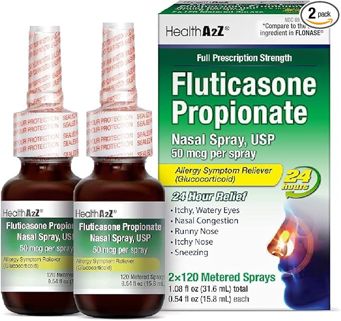 HealthA2Z Fluticasone Propionate Nasal Spray – 2 Pack, 24-Hour Non-Drowsy Allergy Relief for Sneezing, Congestion, Runny Nose, Itchy & Watery Eyes