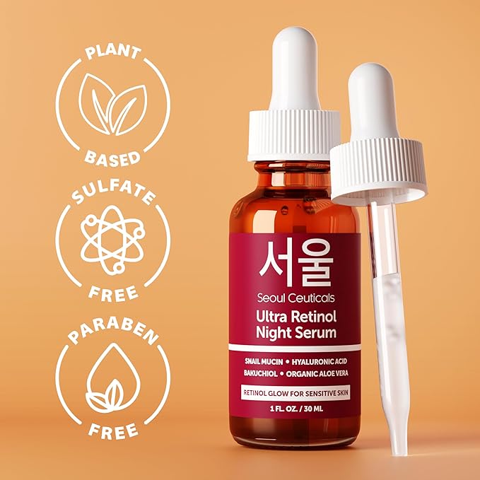 SeoulCeuticals Korean Retinol Night Serum – Snail Mucin & Bakuchiol, 1oz