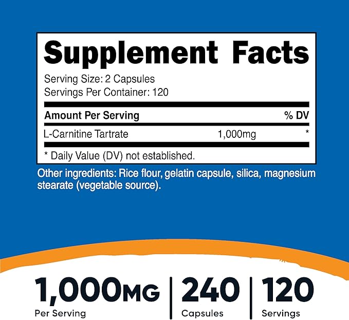 Nutricost L-Carnitine Tartrate 1000mg – Fat Metabolism & Energy Support – Non-GMO, Gluten-Free – 240 Capsules (120 Servings)