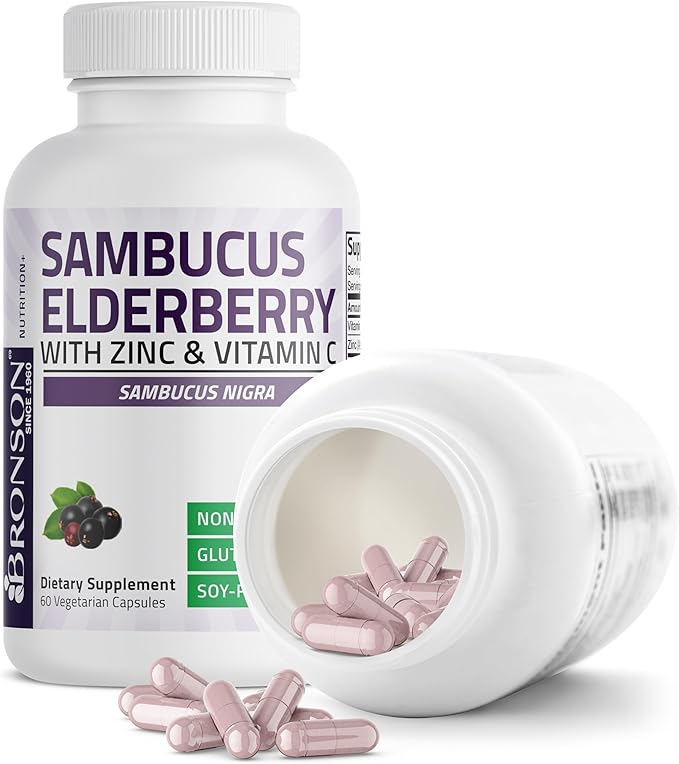 Bronson Sambucus Elderberry with Zinc & Vitamin C – Triple Immune Support & Antioxidant Protection – Non-GMO, Gluten-Free – 60 Vegetarian Capsules