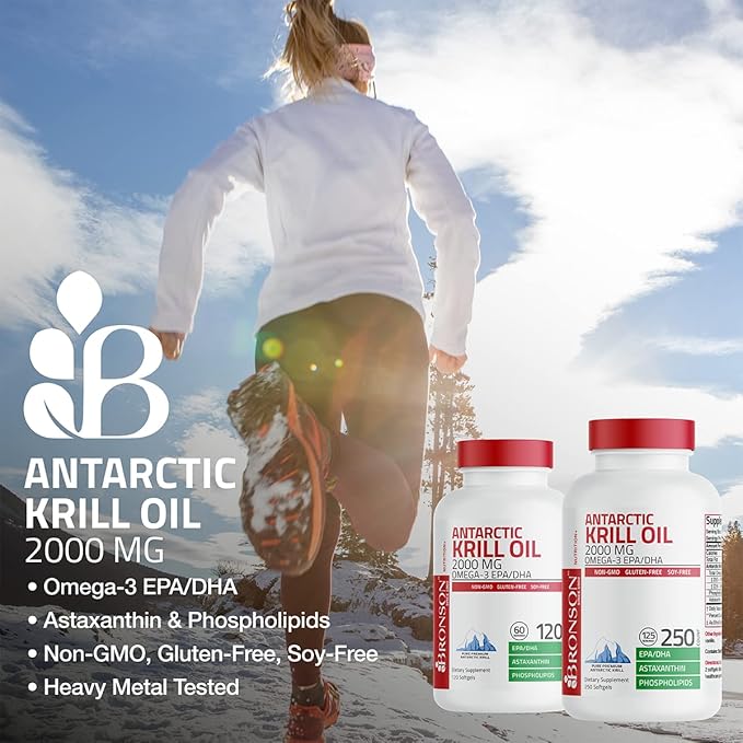 Bronson Antarctic Krill Oil 2000mg – Omega-3s EPA, DHA, Astaxanthin & Phospholipids – Heart, Joint & Brain Support – Non-GMO, Gluten-Free – 120 Softgels